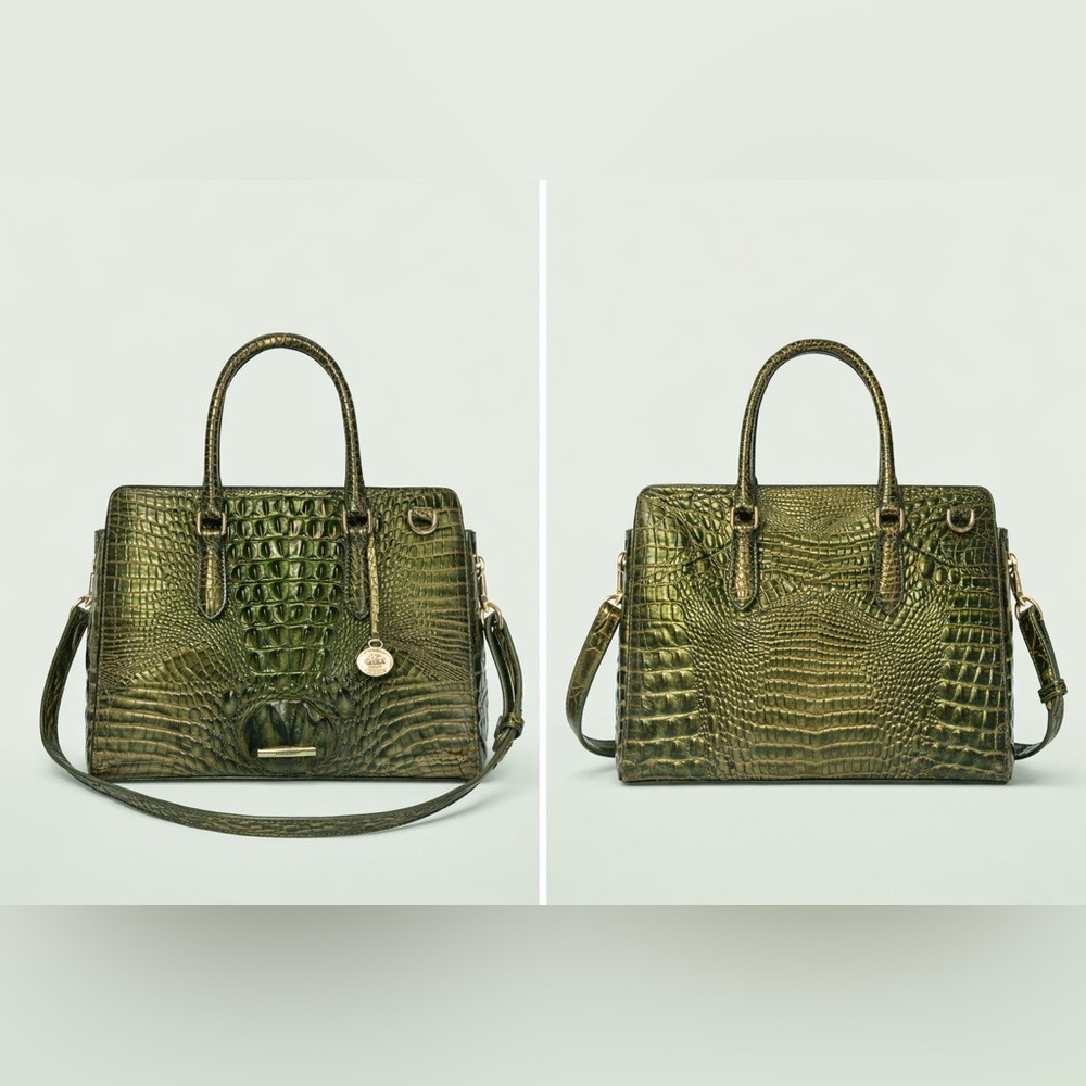 BRAHMIN Finley Carryall Melbourne Metallic Olive Croc Satchel Crossbody